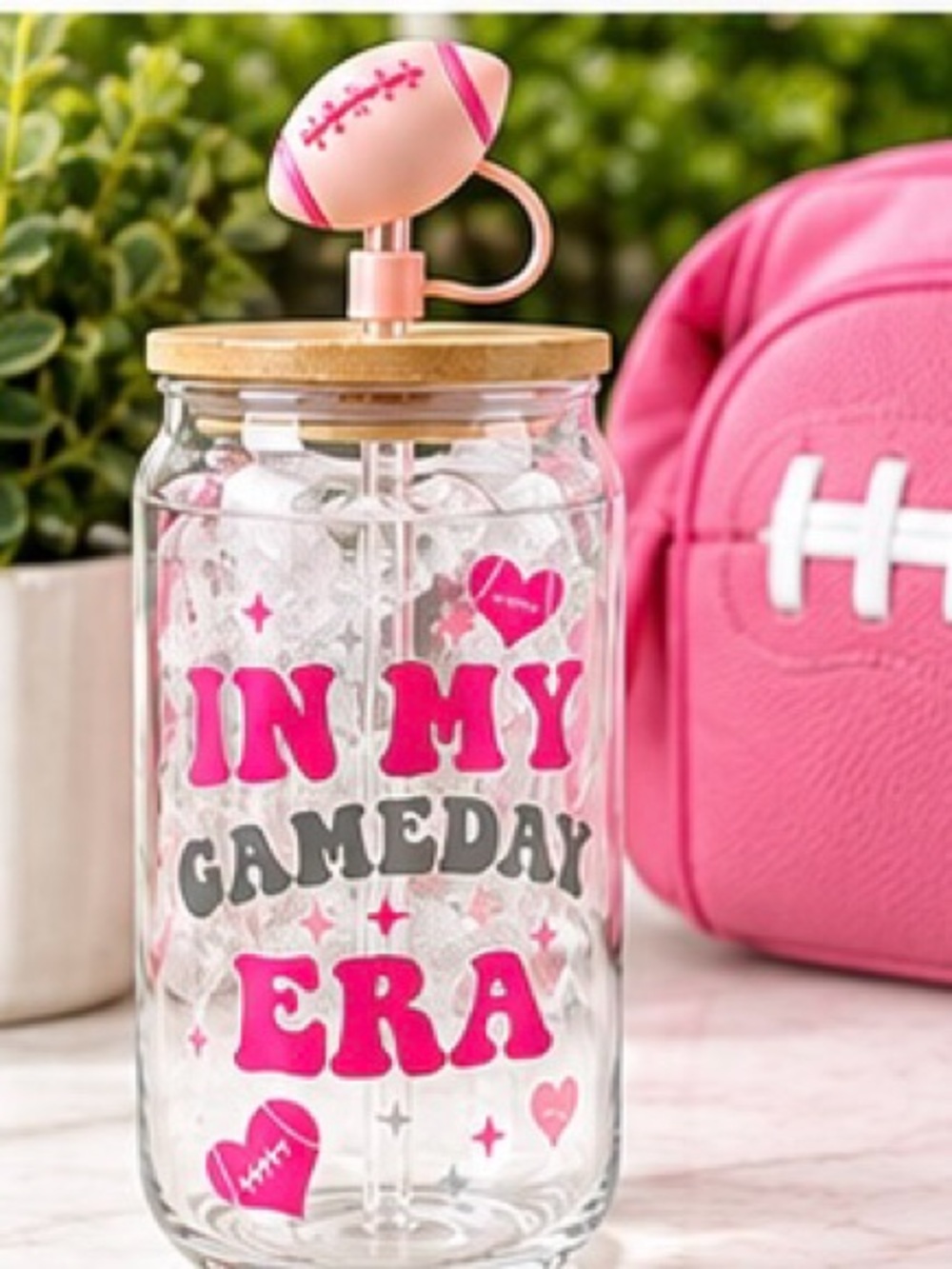 In My Game Day Era Glass Sipper Cup with Lid and Football Straw